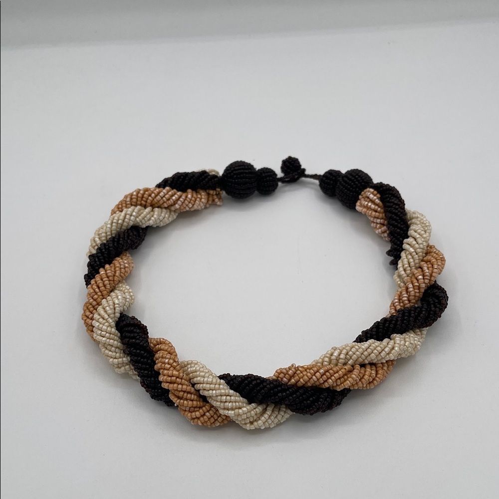 3.30.26-4 Hand-Braided Beaded Necklace in Black, Cream & Tan